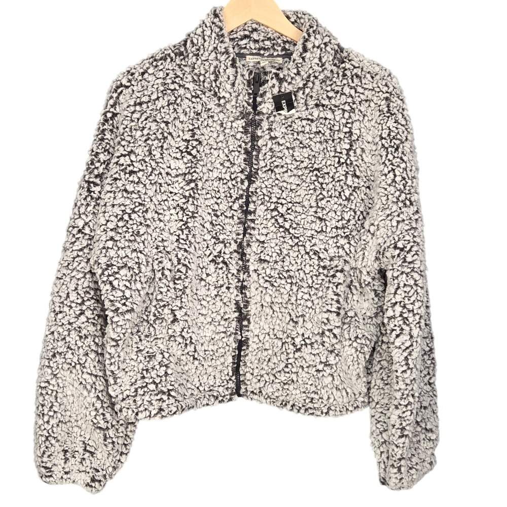 Express Sherpa Jacket Womens Medium Gray Marbled Full Zip Fleece Soft Cozy NEW